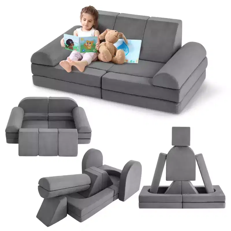 10Pcs Kids Play Couch, Soft Foam Sofa with Machine Washable Cover, Thick Cushion Fort Building Set for Indoor Playroom