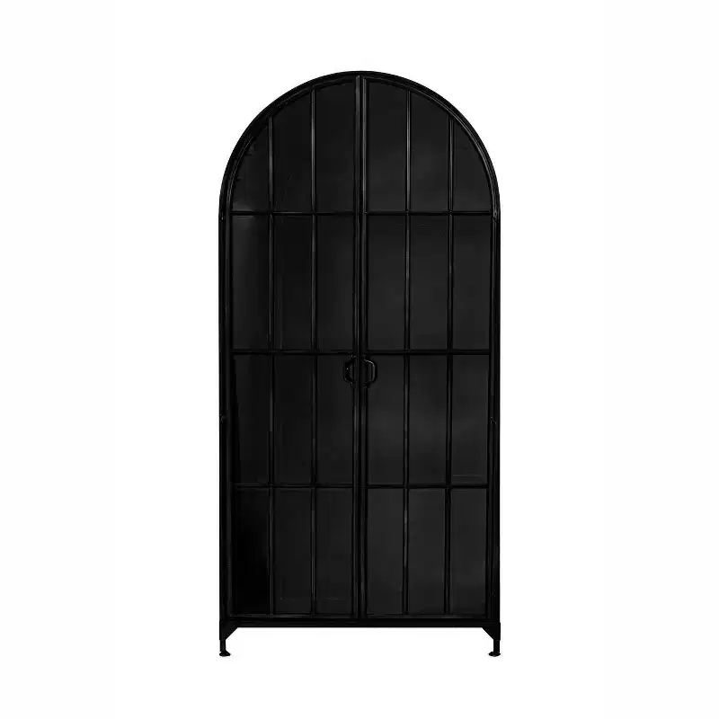 Storied Home Arched 76" Tall Decorative Storage Cabinet Black: Iron Frame, Glass Surface, Fixed Shelves