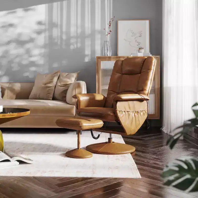 Massaging Multi-Position Recliner with Deep Side Pockets and Ottoman with Wrapped Base