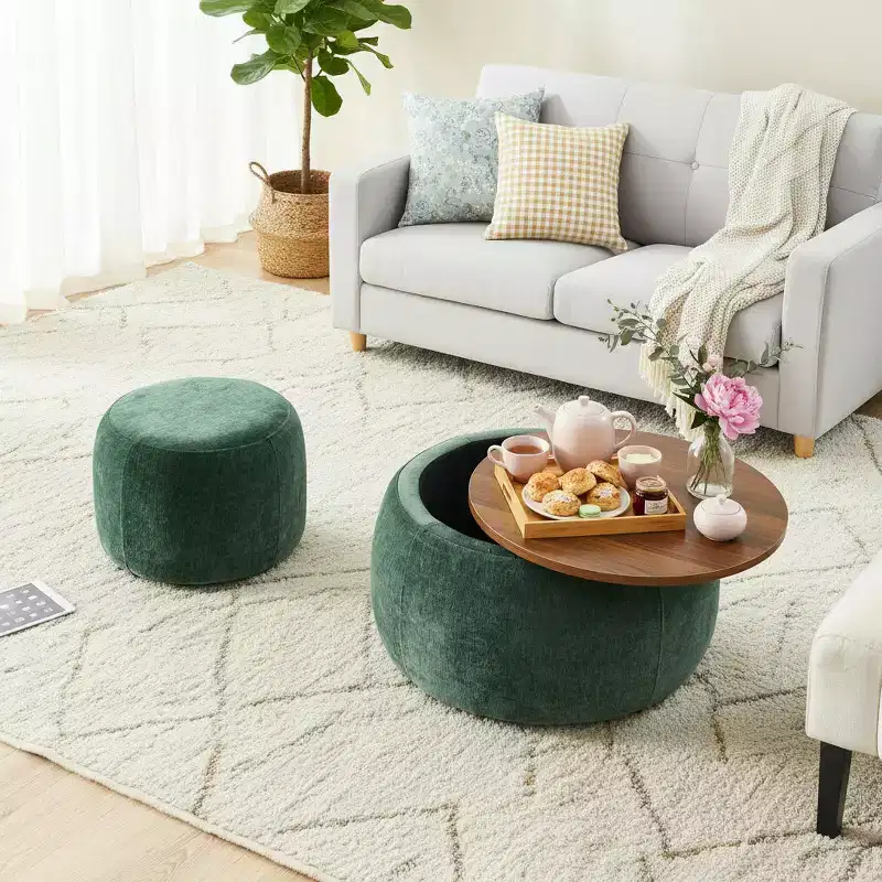 Homy Casa Round Storage Ottoman Set with Removable Wood Tray Top and Footstool, for Living Room & Bedroom