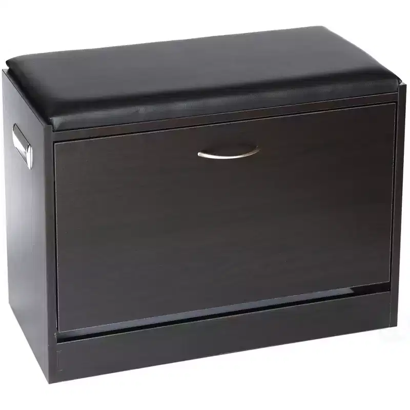 Shoe Storage Bench with Leather Cushion, Classic Black Wooden Entryway, Fold-Out Hidden Double Shoe Rack, Easy Assembly, Comfortable Seat