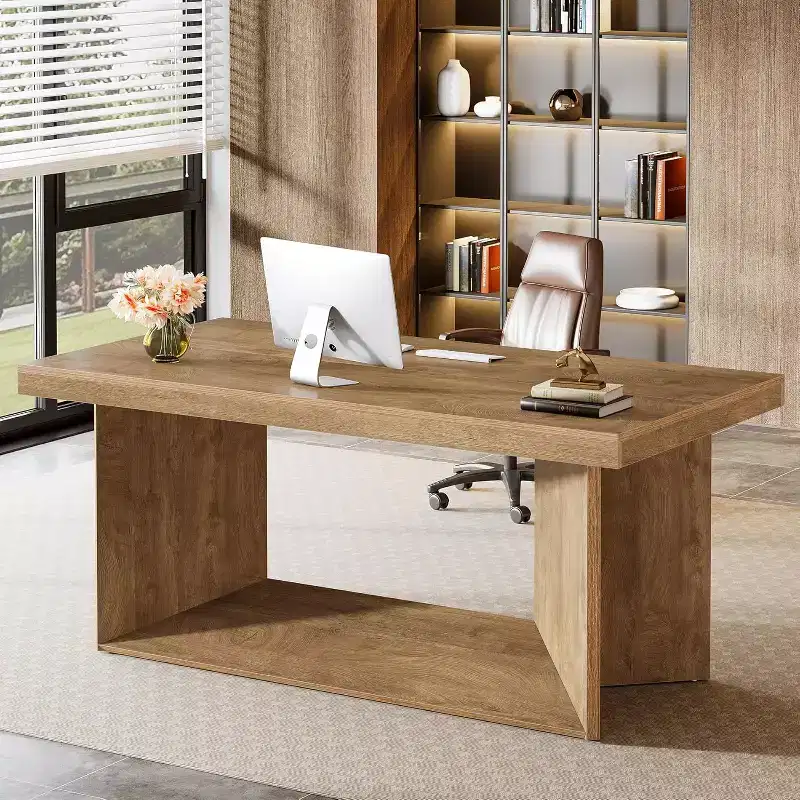 63-Inch Executive Desk, Office Computer Desk with Heavy Duty Pedestal, Farmhouse Workstations Writing Table for Home Office, Rustic Brown