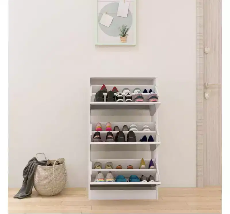 3-Tier Narrow Shoe Cabinet with Mirror, MDF & Glass,