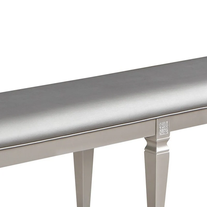 60 Inch Dining Bench, Sparkling Silver Gray Faux Leather, Wood Frame