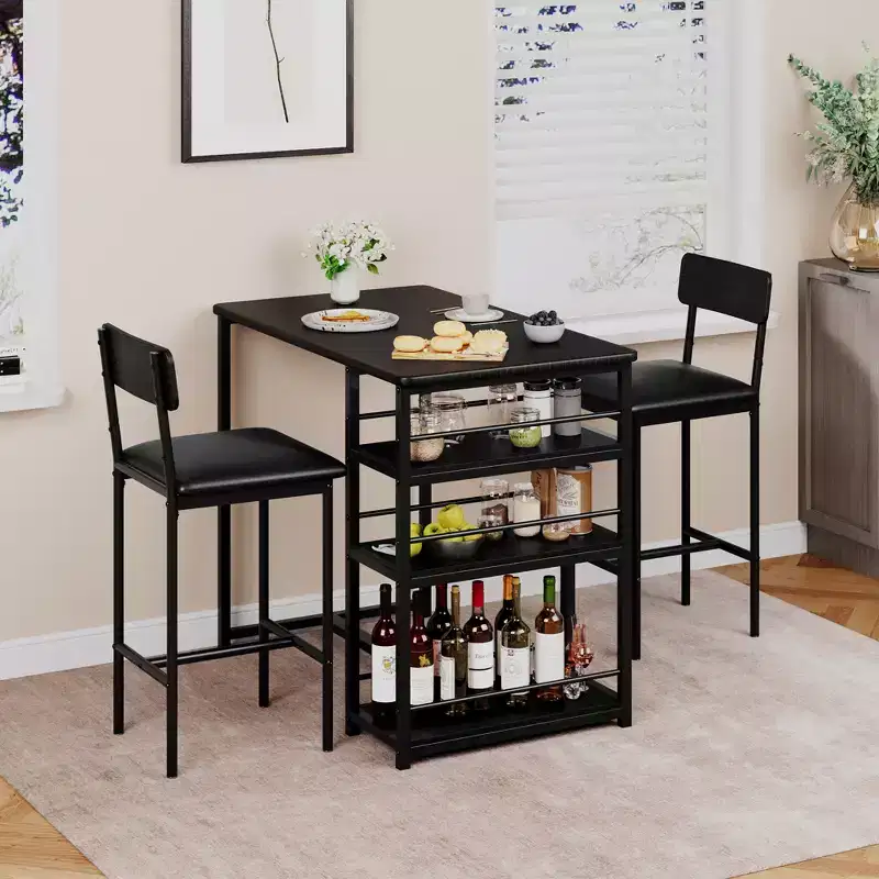 1 Dining Table & 2 High Chairs Bar Dining Set, Easy Assembly, Modern Compact Table Set for Kitchen Dining Room Small Space Home Furniture