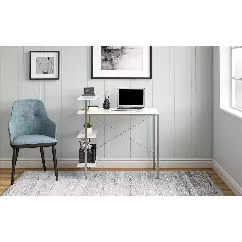 TUYOHW Side Storage Student Desk,Modern Study Desk with Laminated Top & Metal Frame,Spacious Desktop with Shelves for Homework Laptop Books,White