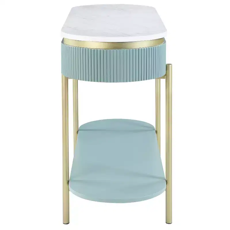 Faux Marble Sofa Table with Drawer, Gold Metal Frame, 48