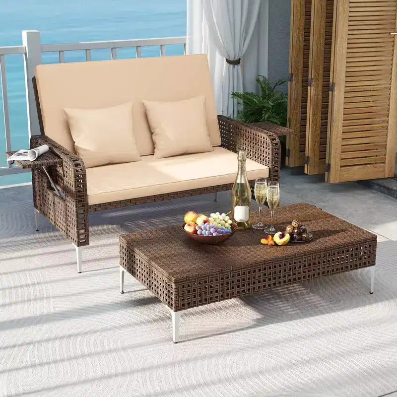 Costway 2 PCS Wicker Loveseat & Storage Ottoman with 4-Level Backrest & Soft Cushion Brown/Navy