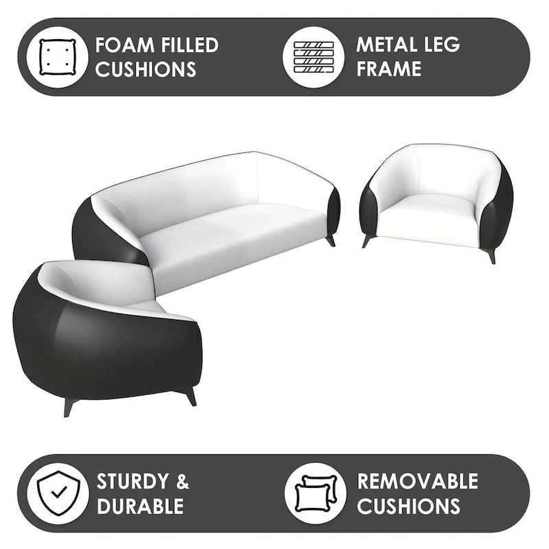 3-Piece Sofa Set Upholstered PU Leather with Solid Wood Frame and Steel Legs Opula Series by LeisureMod