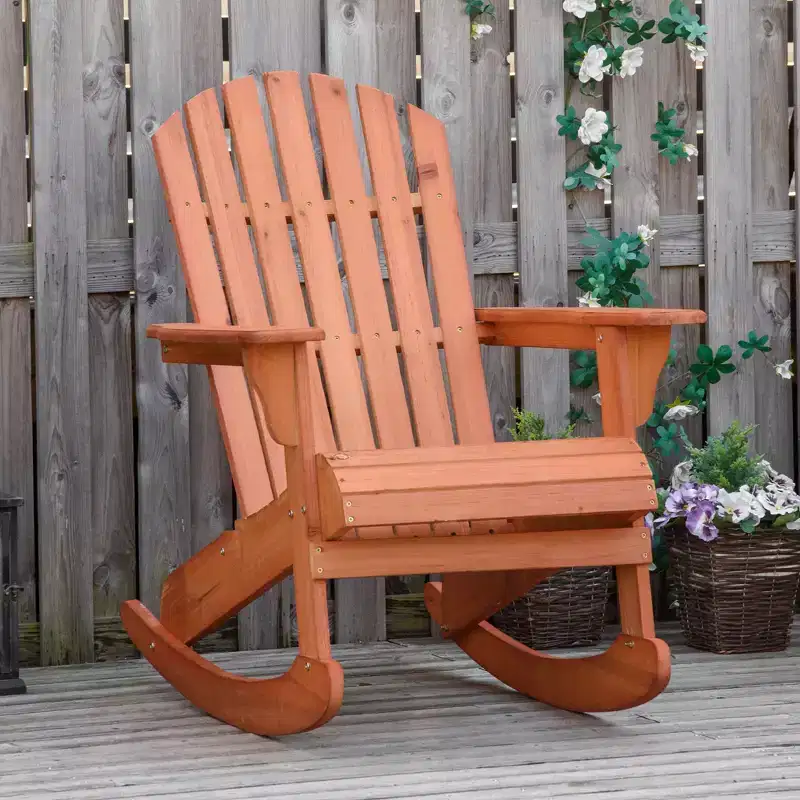 Wood Adirondack Outdoor Lounge Rocking Chair Fire Pit Seating with Slatted Wooden Design, Fanned Back