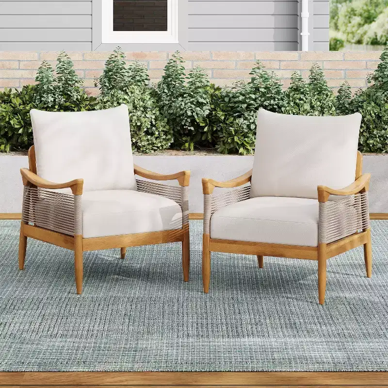Christopher Knight Home Amos Outdoor Woven Rope Acacia Wood Club Chair with Thick Cushion (Set of 2)
