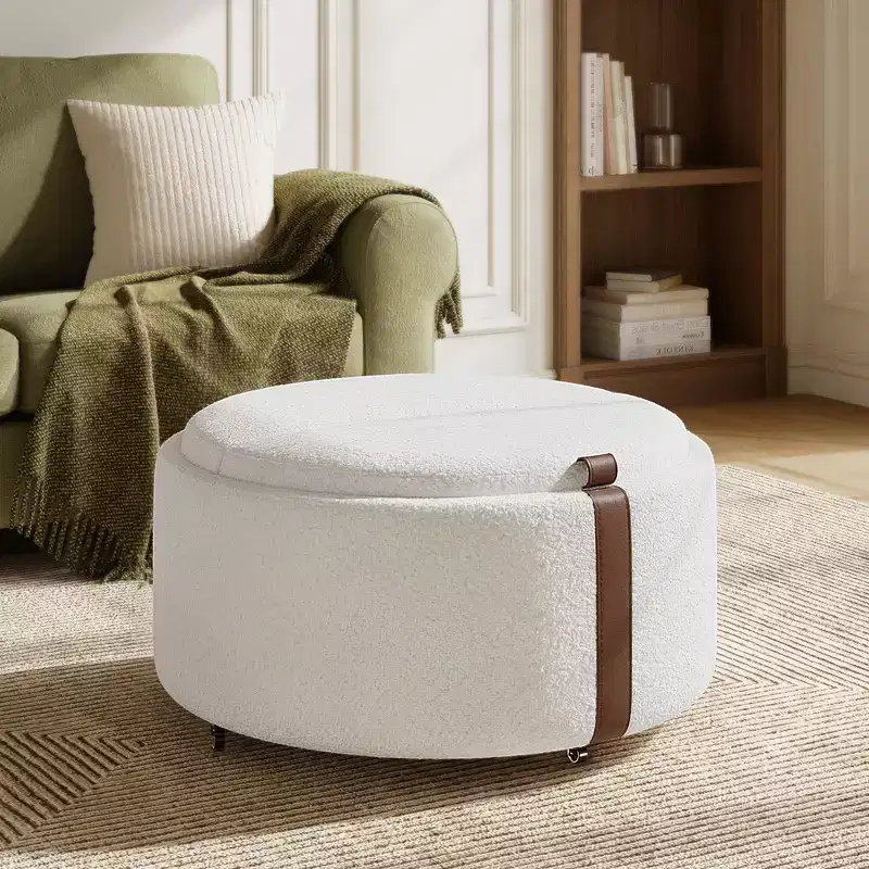 Whisen 29 Modern Round Storage Ottoman, Rolling Ottoman, Coffee Table Ottoman with Caster Wheels, Dual Reversible Lids, Solid Wood Frame