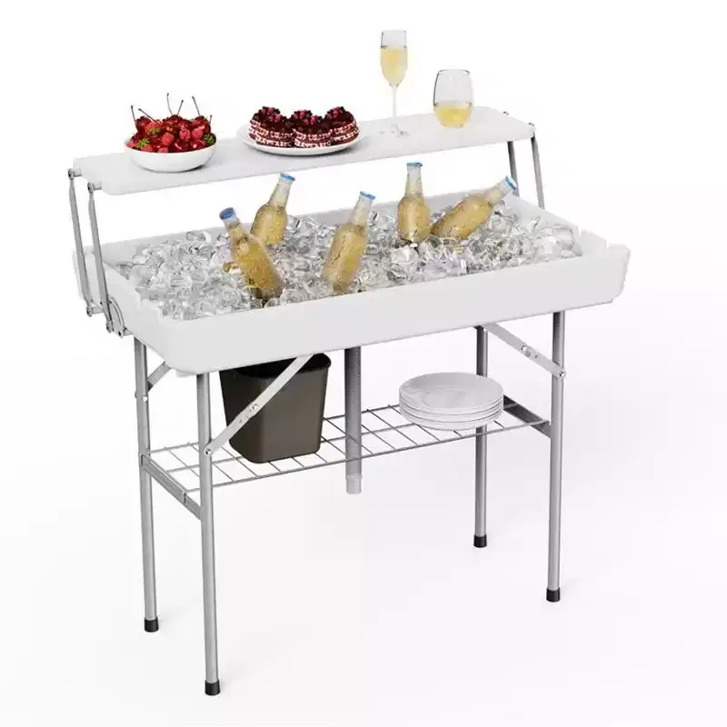 Outdoor Ice Cooler Folding Table with Extra Storage Shelf, Ice Tables for Parties with Drain & Matching Skirt, Cooler Server for Camping, Picnic
