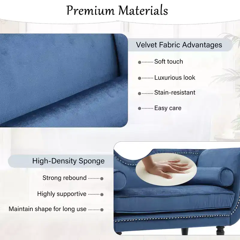 Whisen 53''Velvet Bench with Rolled Arms, Rivet Accents, Minimalist Upholstered Footboard Seat, 2 Pillows, High Density Foam Cushion
