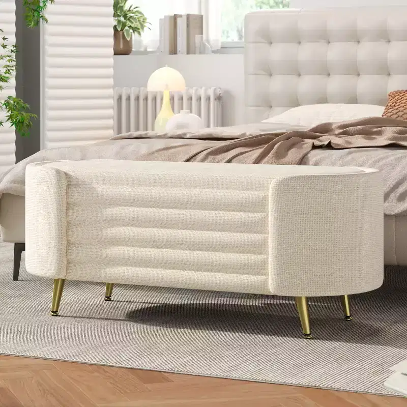 48 Modern End-of-Bed Storage Bench with Gold Metal Legs, Oval Entryway Bench with Storage for Living Room, Bedroom, or Entryway