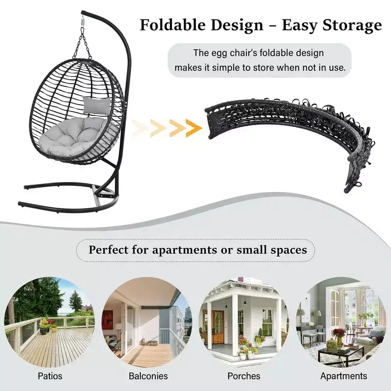 Whisen Single Person Folding Egg Chair with Stand, Hammock Swing Chair with Adjustable Anti-Slip Feet