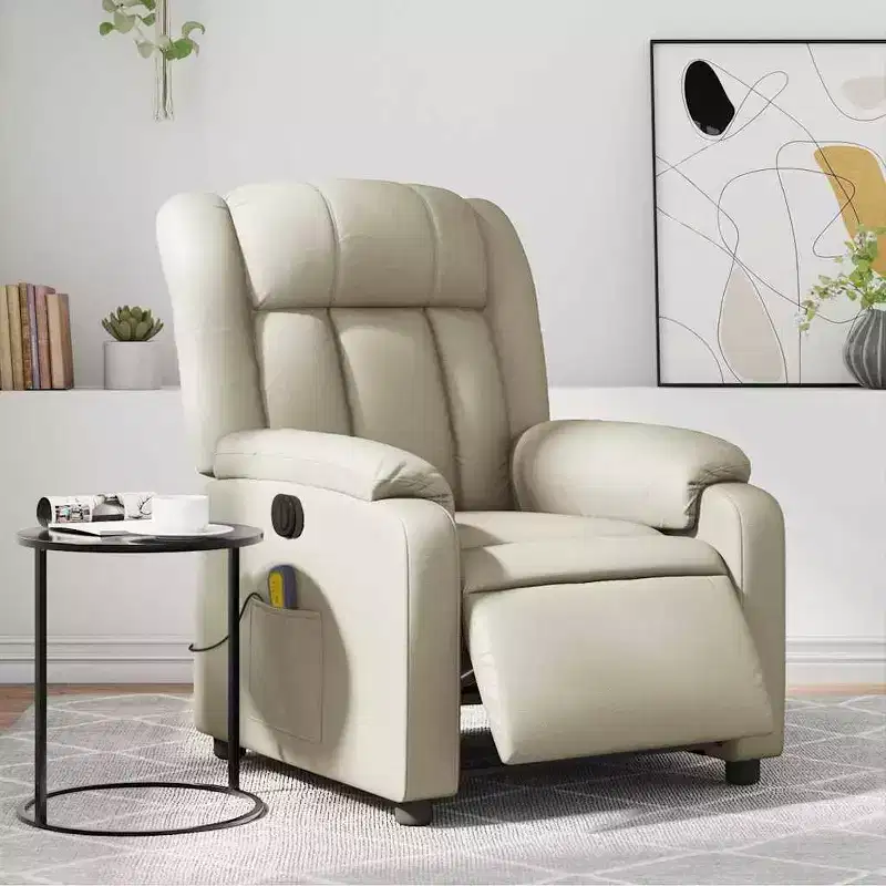 Electric Massage Recliner Chair - Cream Faux Leather Armchair with Motorized Reclining, Vibration Massage, Side Pocket for Living Room