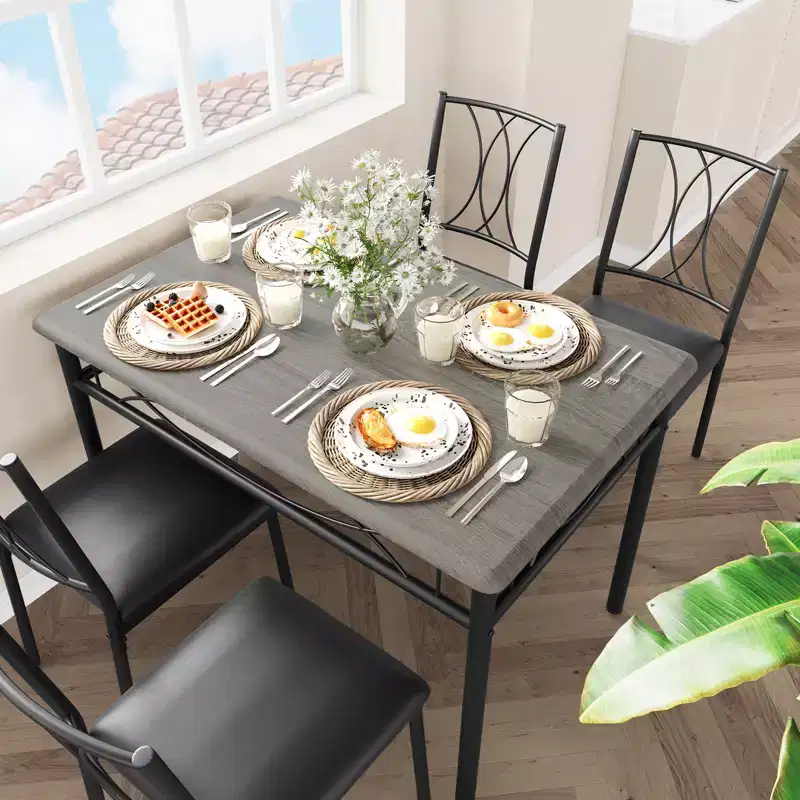 5 Piece Dining Table Set for 4, Rectangular Kitchen Table with Upholstered Chairs, Sturdy Metal Frame, Rustic Grey, for Modern Apartment/Dining Room