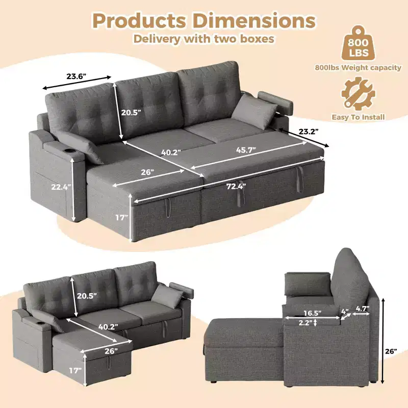 84 Modern Sleeper Sofa Bed, Upholstered Reversible Sectional Sofa Couch, Deep Seat Sofa Couch for Living Room Bedroom Apartment Office