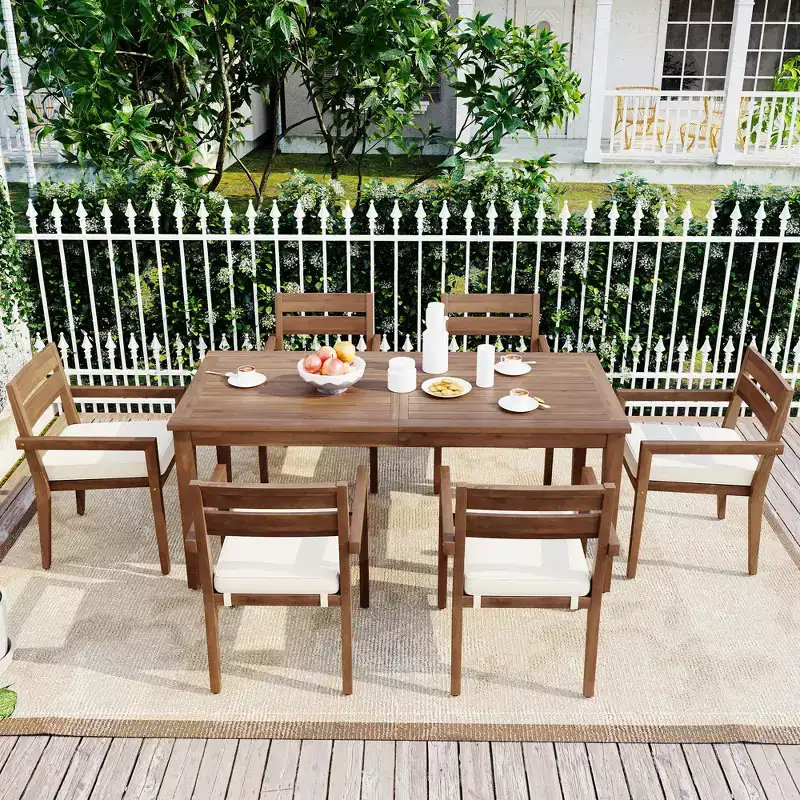 Whisen 7-Piece Outdoor Patio Dining Set-Seats 6, Outdoor Wood Garden Dining Table And Chairs, Patio Furniture Sets Weather Resistant
