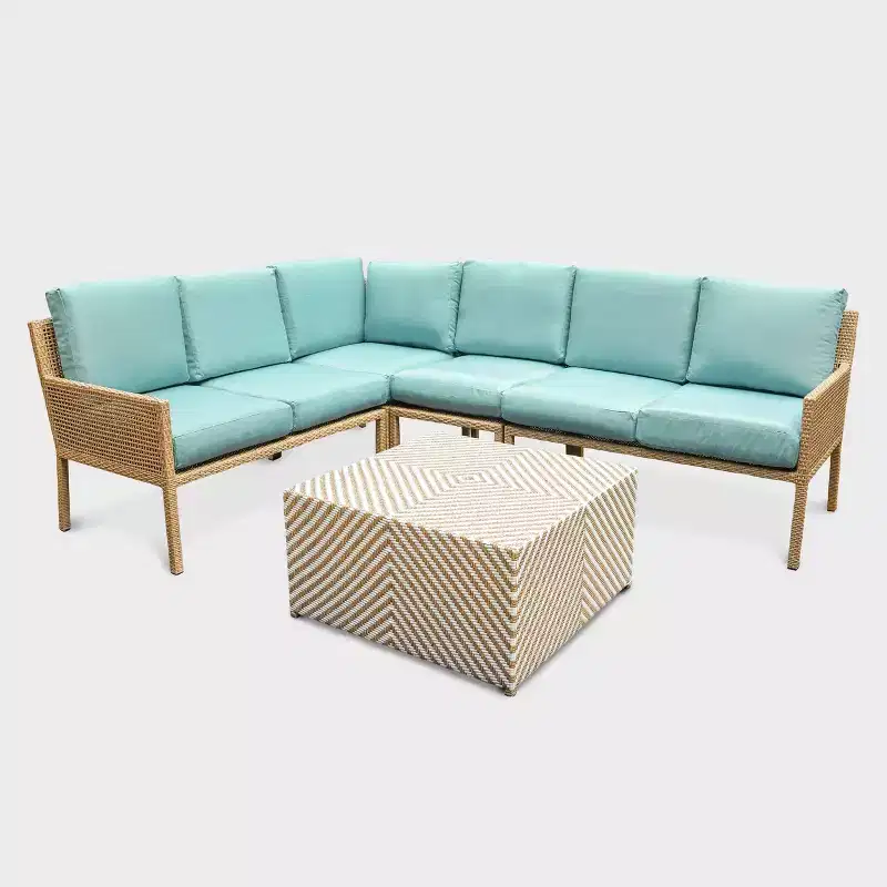 Leisure Made Riviera 5pc Wicker Sectional in Spa Blue Fabric
