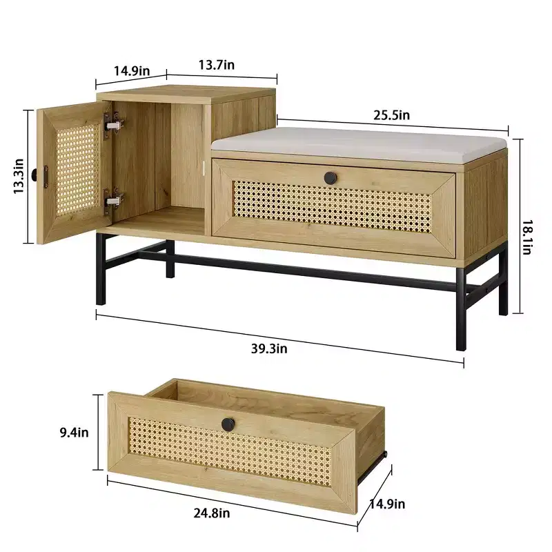 Garvee Rattan Shoe Bench with Storage, Entryway Bench with Flip Drawer Shoe Cabinet, Show Storage Bench for Hallway and Bedroom, Natural Oak