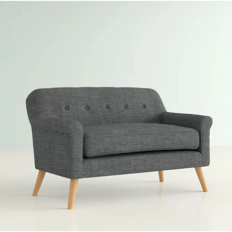Curved Loveseat with Button-Tufted Back, Gray Fabric and Wood Legs