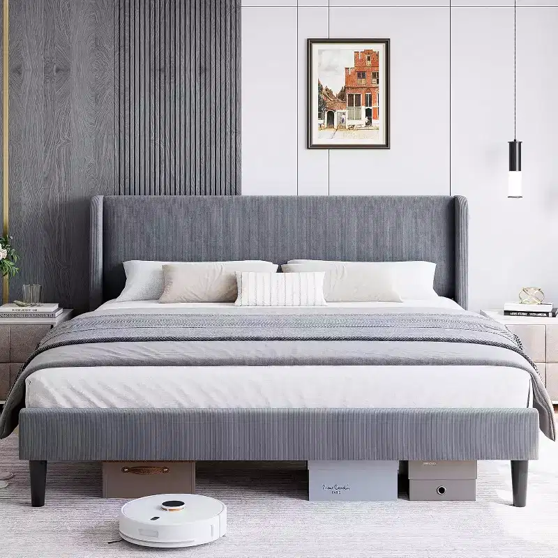 Full / King Upholstered Bed Frame with Headboard, Platform Bed with Wood Slats, No Box Spring Needed, Easy Assembly