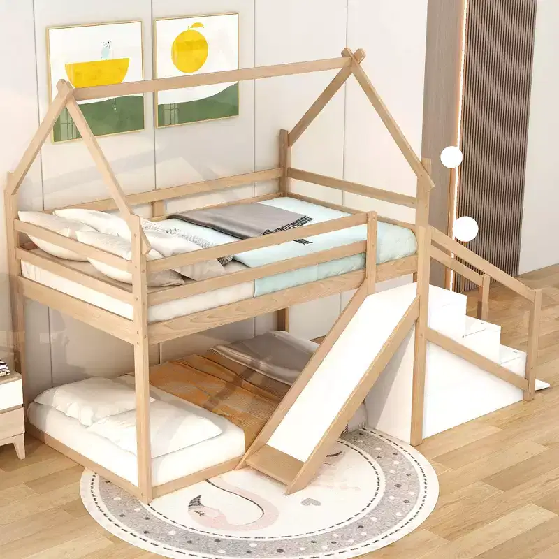 Twin over Twin House Bunk Bed with Slide and Staircase