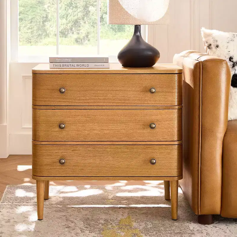 Noah Modern 26W 3-Drawer End Table with Solid Wood Legs Built-in Outlet|ART OF LIVING DESIGNS-OAK