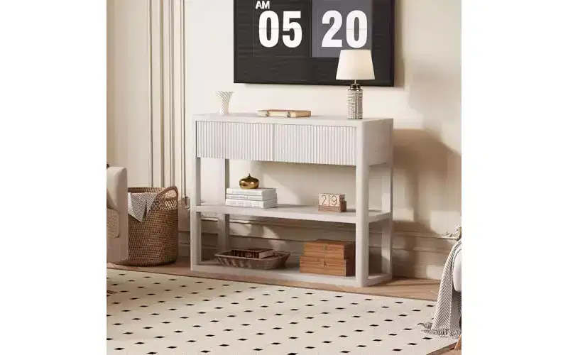 GustoWave 34.6 Tall Console Table with 3-Tier Shelves & 2 Drawers, Fluted Entryway Table, Narrow Wood Sofa Table for Hallway, Foyer, White Grey
