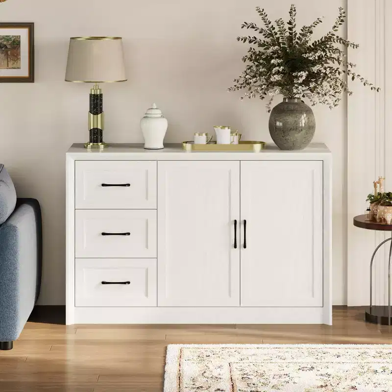 Wood - Grain Buffet Chest Kitchen Cabinet with Anti - Tipping Device - 3 Drawers+2 Doors for Kitchens or Living Room Storage