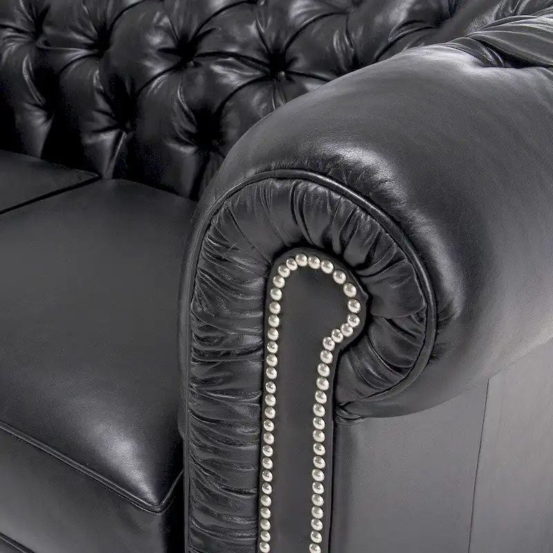 Black Tufted Chesterfield Leather Sofa, 3-Seater