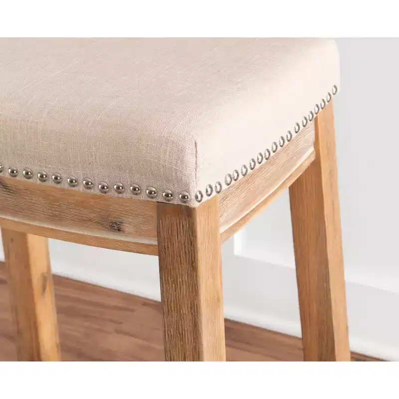 Counter Height Barstool Rustic Brown Natural Linen Upholstered Backless