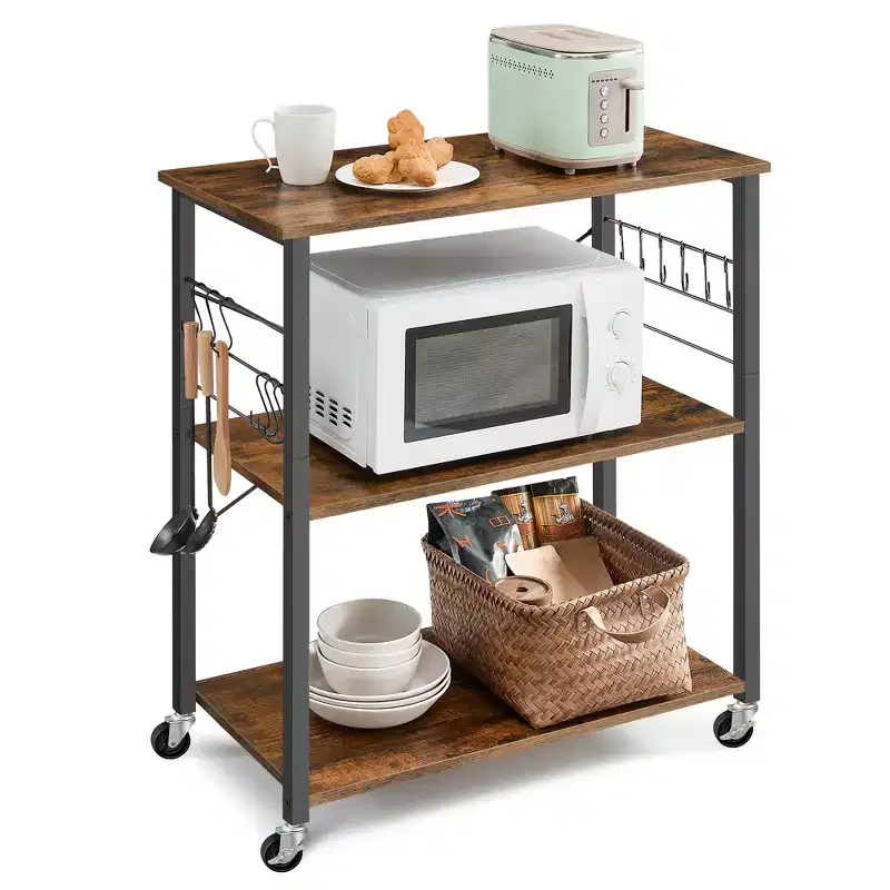 Rustic Brown & Black Industrial - Style Kitchen Cart on Wheels - 3 - Shelf Serving Cart with 6 Hooks. Ideal for Microwave, Mini Oven, Toaster