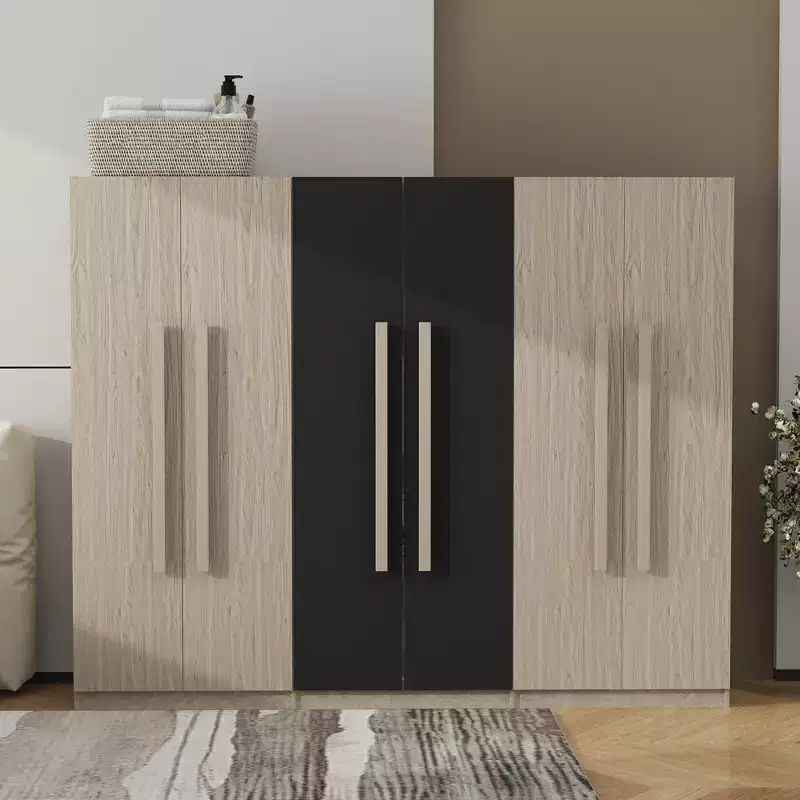 83W 6 Door Wardrobe Clothing Armoire Closet Storage Cabinet with 2 Drawers, Hanging Rails and Storage Shelves, Black+Natural-ModernLuxe