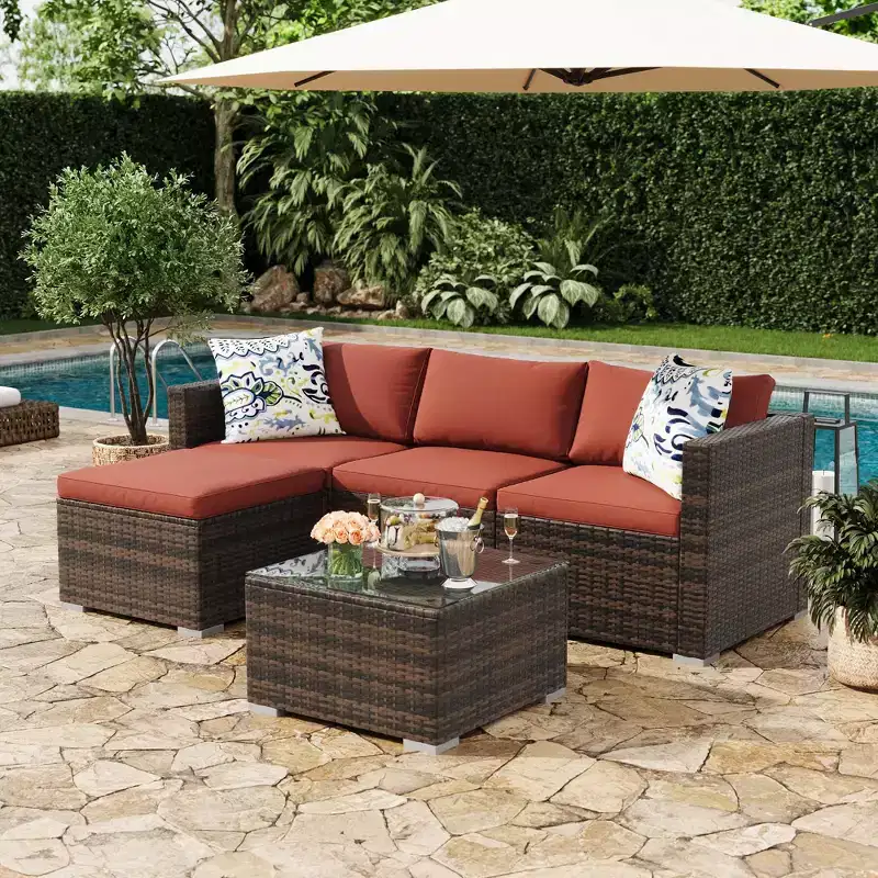 GustoWave 5-Piece Outdoor Conversation Set, L-Shape Rattan Sofa With Glass Table And Accent Pillows