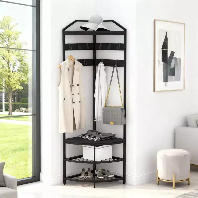 Corner Coat Rack with Storage, Simple Hall Tree with Mesh Shelves, Anti-Toppling Devices, Freestanding Metal Clothes Rack Shoes Shelf Organizer,Black