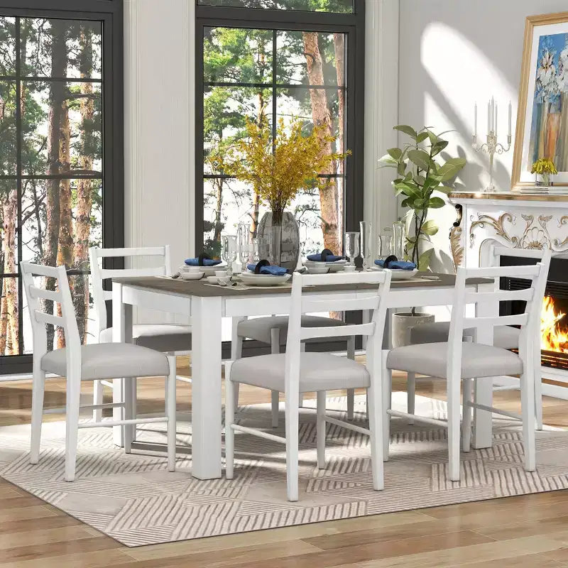 Whisen 7-Piece Wooden Dining Table Set Mutifunctional Extendable Table,12 Leaf and 2 Drawers, 6 Dining Chairs
