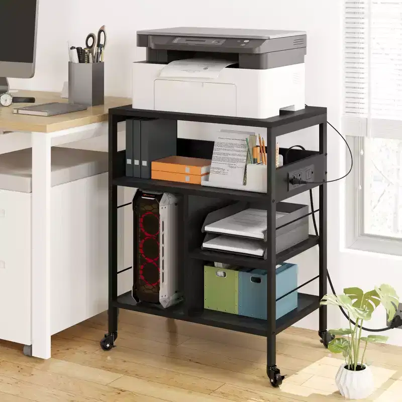 3-Tier Rolling Printer Stand with Storage & Charging Station, Mobile Printer Cart with 4 Outlets & 2 USB Ports, Multi-Level Organizer for Home Office