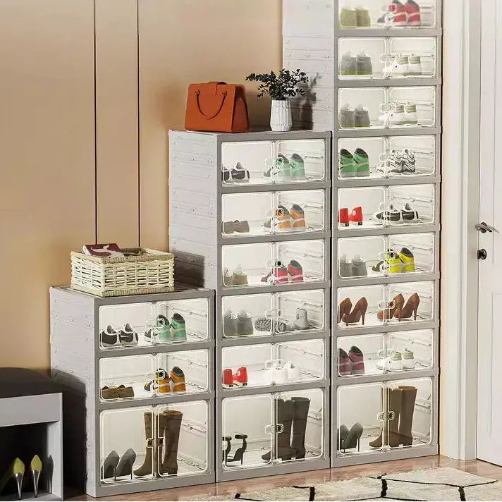 Foldable Shoe Storage Cabinet with Clear Doors and Wheels