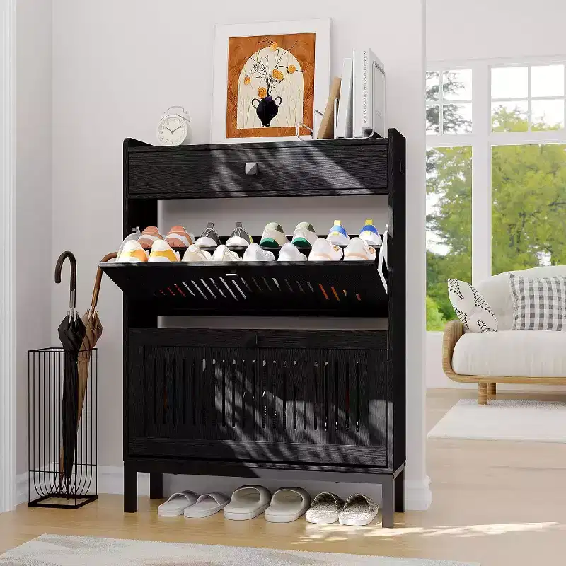 Shoe Storage Cabinet with 2 Flip Drawer, Shoes Organizer with Top Drawer, Hollow Out Panel & Square Handles, Adjustable Shoe Rack for Entryway