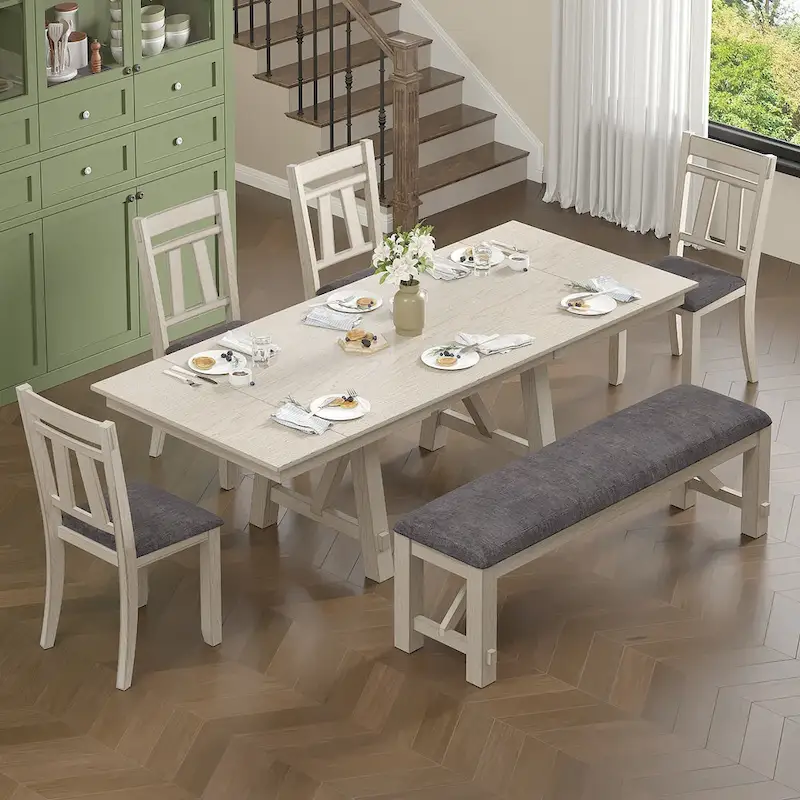 Extendable Dining Table Set with Bench and Chairs, Solid Wood