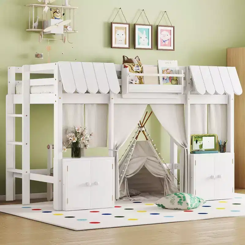 TUYOHW Kids Fairy-Tale Cottage Loft Bunk Bed with Curtain & Storage Shelf,Pine Wood Twin/Full Size House Bed with Built-in Bookshelf & Play Space