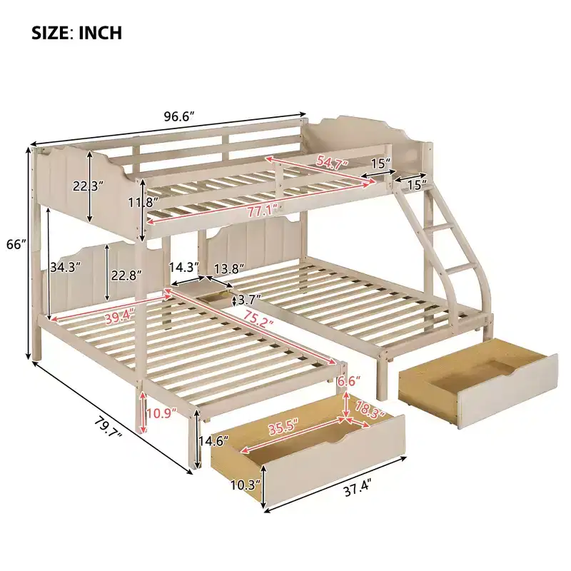 Full over Twin & Twin Bunk Bed for 3 Kids, Wood Triple Bunk Bed with Drawers and Guardrails for Bedroom, Beige