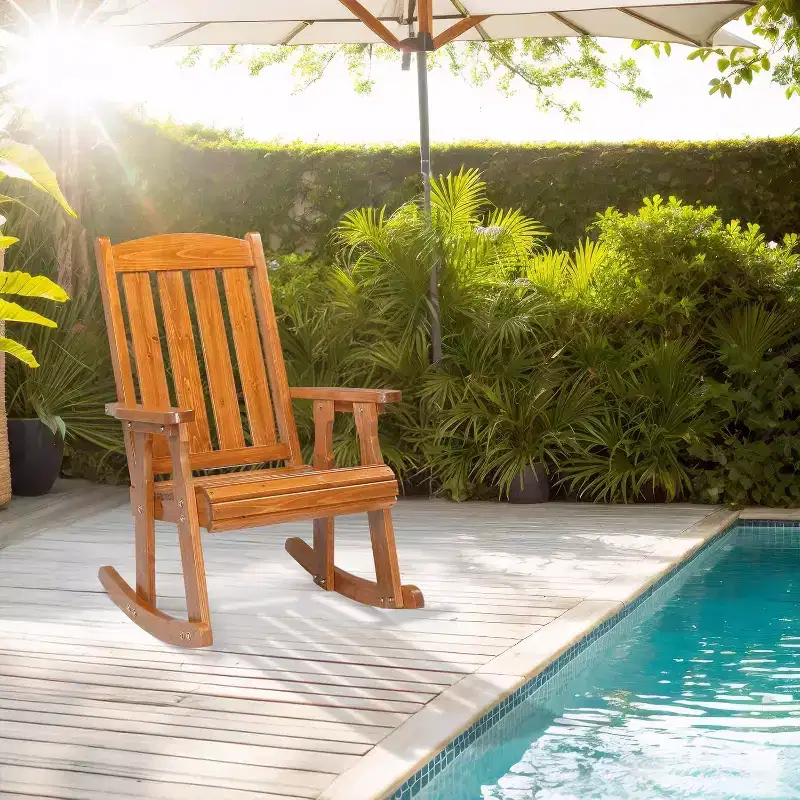 VINGLI Heavy Duty 600 LBS Outdoor Wooden Rocking Chair with Higher Backrest,Patio Rocking Chair with Ergonomic Design, Teak