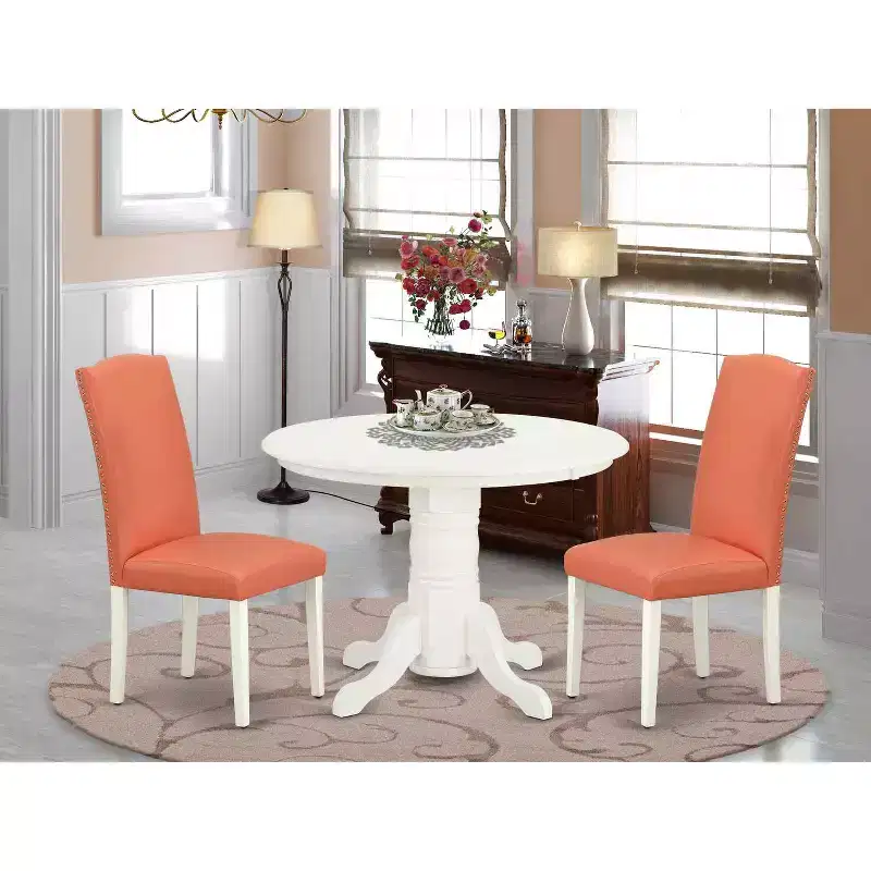 Round Dinette Set 3pc - 42 Table & 2 Parson Chairs - Pink Flamingo PU Leather - Eclectic Elegance