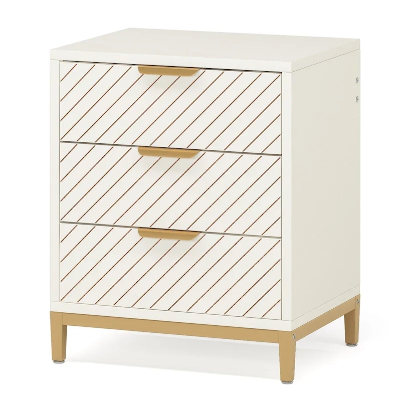 3-Drawer Nightstand with Gold Handles, Light Wood Grain, Particle Board and Metal Frame, 19.69W x 15.75D x 24.6H in