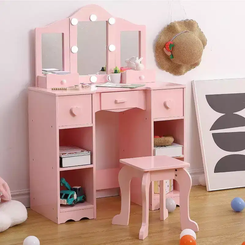 Girls Vanity with Tri-Fold Mirror, 2-in-1 Wooden Dressing Table and Stool, Princess Pretend Play Makeup Desk with Drawer for Little Girls