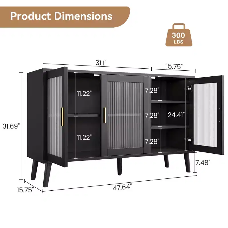 Storage Cabinet with 3 Long Rainbow Glass Doors, Large Capacity Particleboard Sideboard, Modern for Kitchen, Dining, or Living Room Black